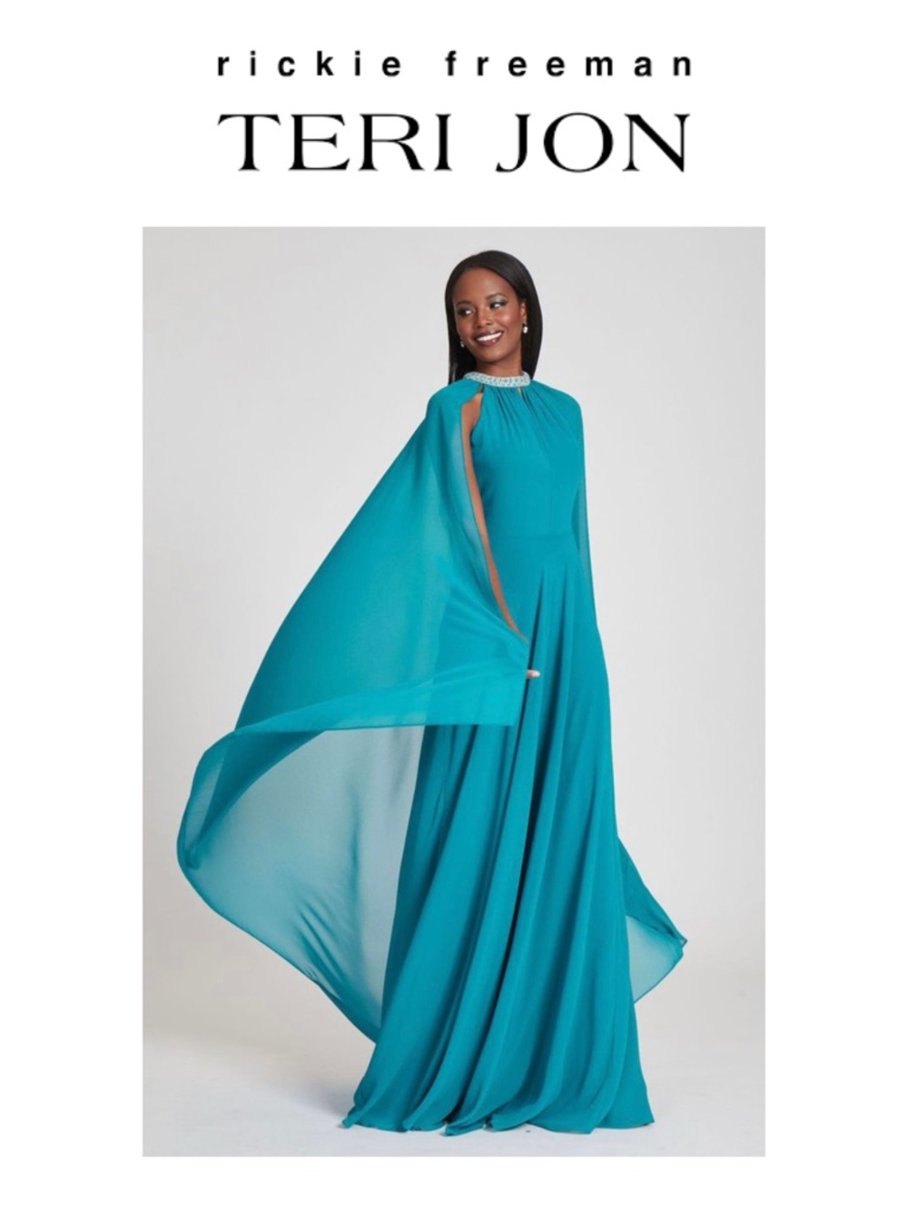 TERI JON by Rickie Freeman Chiffon Gown With Cape And Jewel Collar